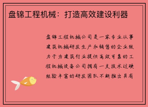盘锦工程机械：打造高效建设利器